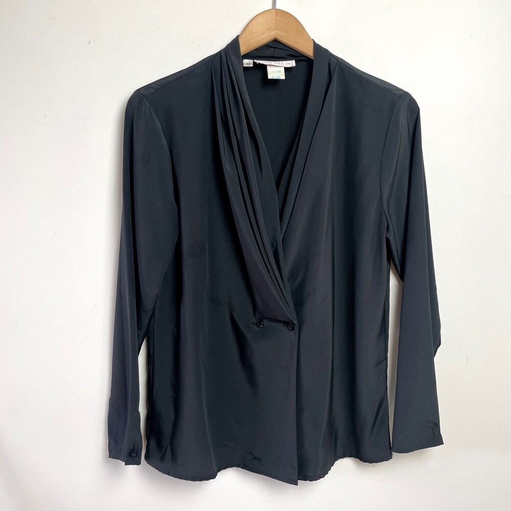 Vintage 80s Cowl Neck Blouse Medium Black‎ Minimalist Secretary Office Parisian